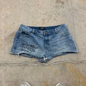 Ed Hardy Blue Denim Cutoff Shorts with Graphic Logo